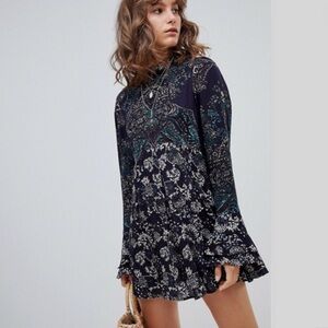 Free People Lady Luck Navy Floral Tie Neck Tunic